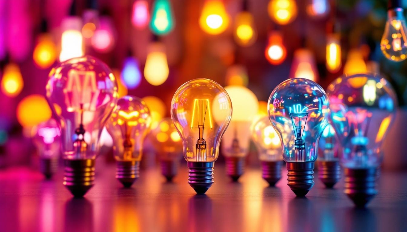 A photograph of a vibrant display of various led light bulbs in a well-lit setting
