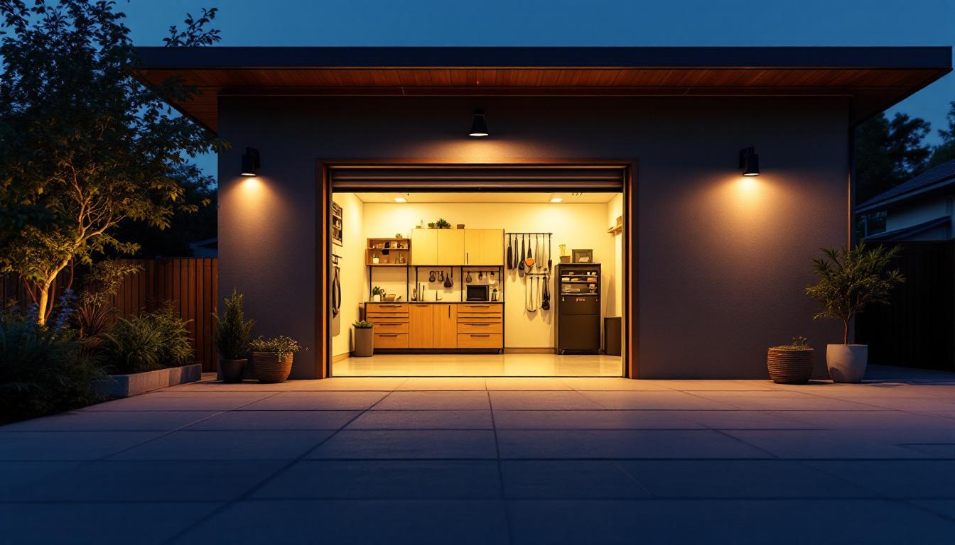 A photograph of a well-lit outdoor garage space at dusk