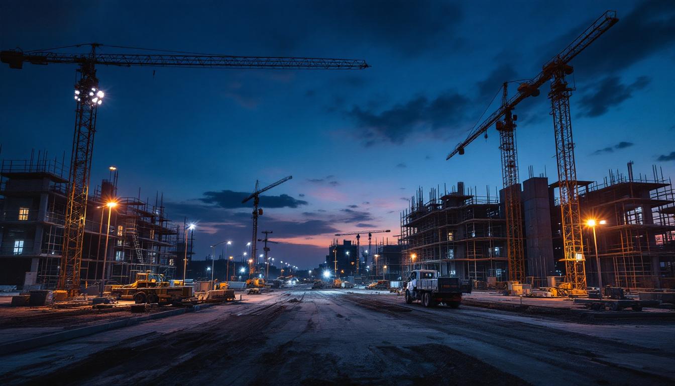 A photograph of a well-lit construction site at dusk