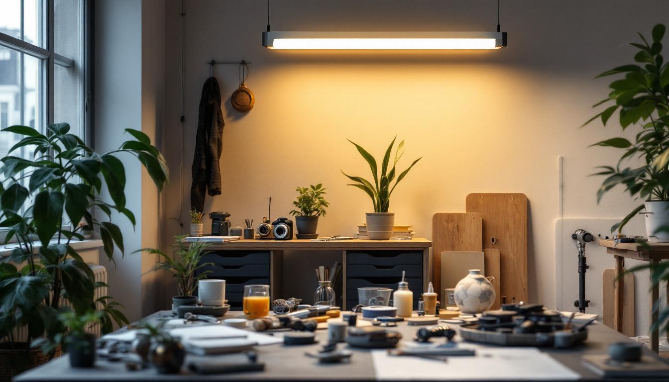 A photograph of a well-lit workspace featuring a 4ft t8 led tube light installed in a modern setting