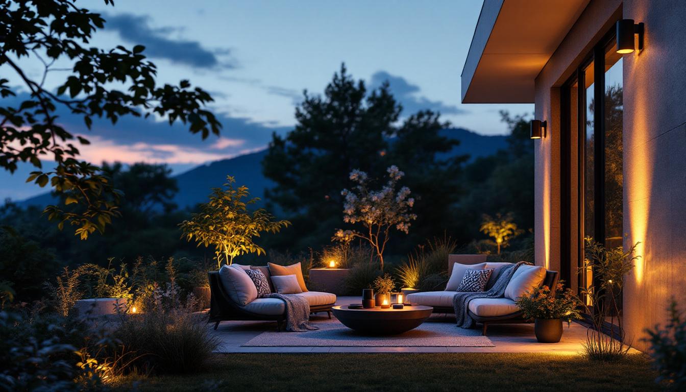 A photograph of a modern outdoor setting illuminated by vibrant solar lights at dusk