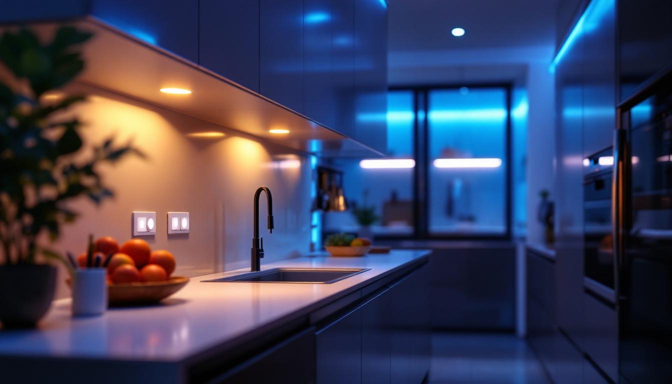 A photograph of a modern kitchen featuring recessed led lighting in action