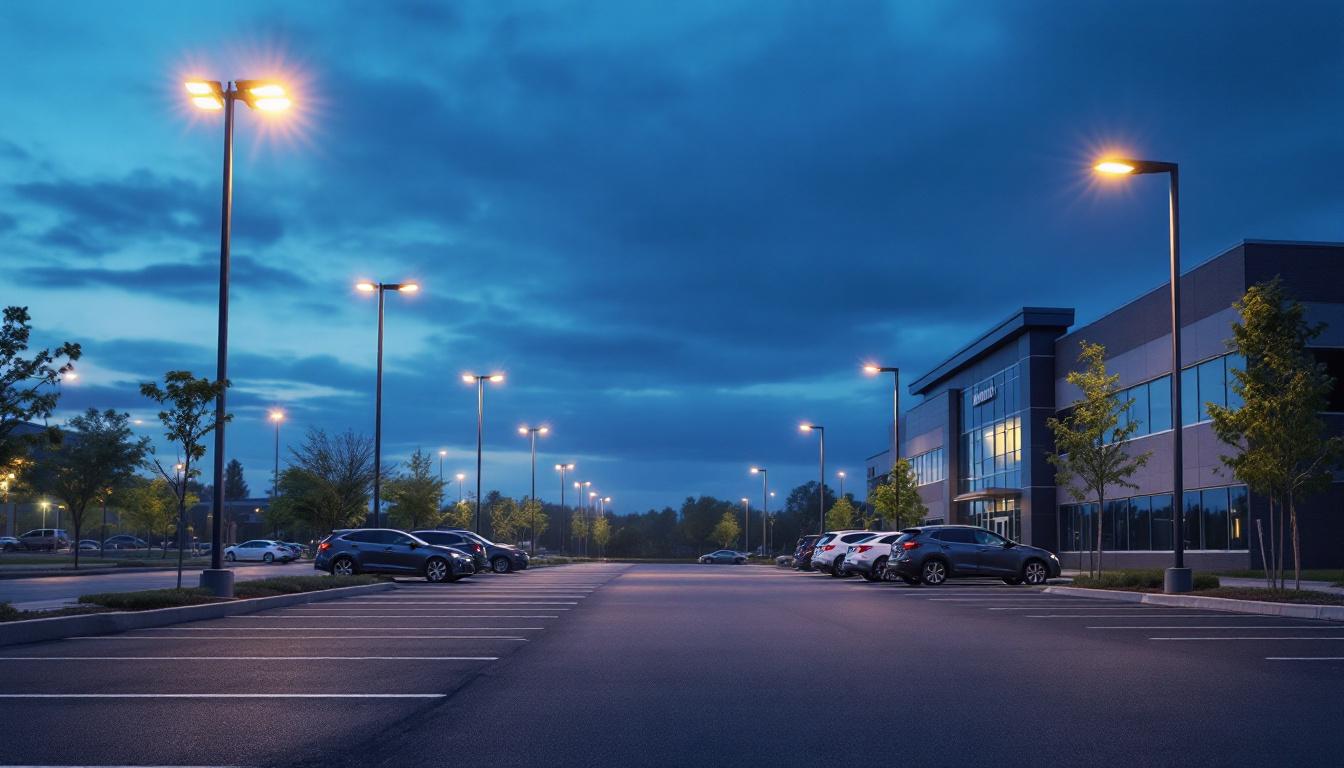 A photograph of a well-lit commercial parking lot at dusk