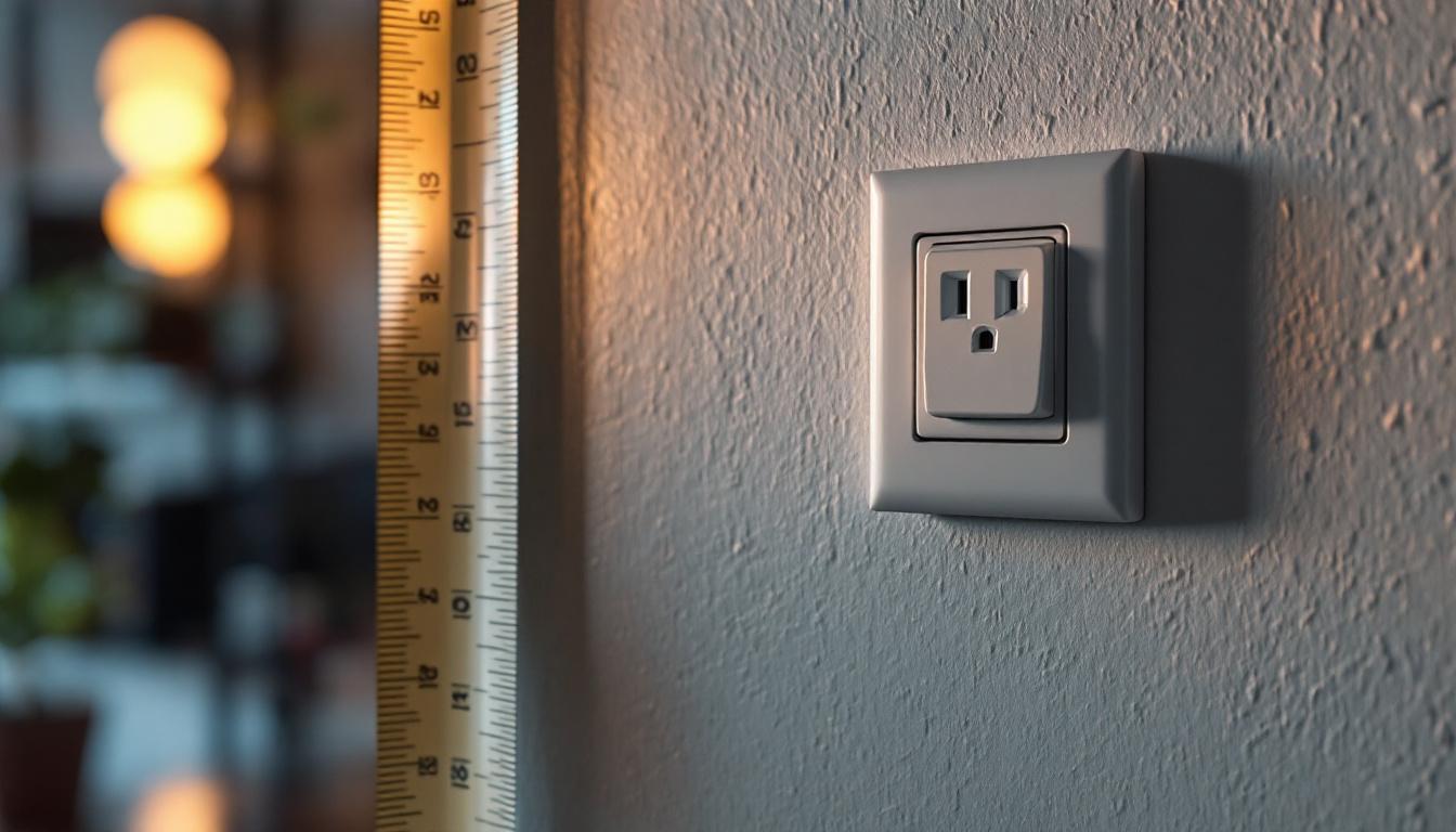 A photograph of a close-up shot of a wall receptacle with a measuring tape alongside it