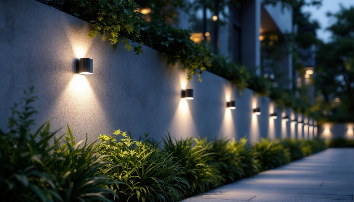 A photograph of a beautifully illuminated outdoor space featuring wall-mounted led lights