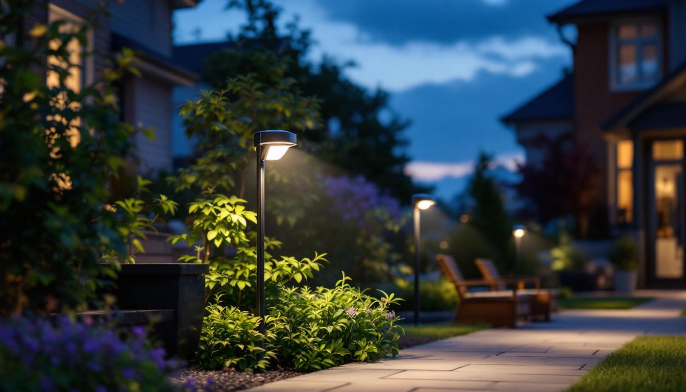A photograph of a well-lit outdoor space featuring motion sensor security lights in action
