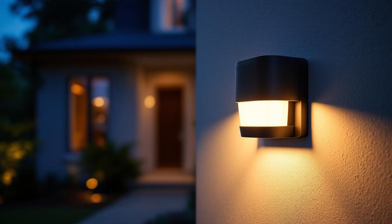 A photograph of a solar-powered front door light illuminated at dusk