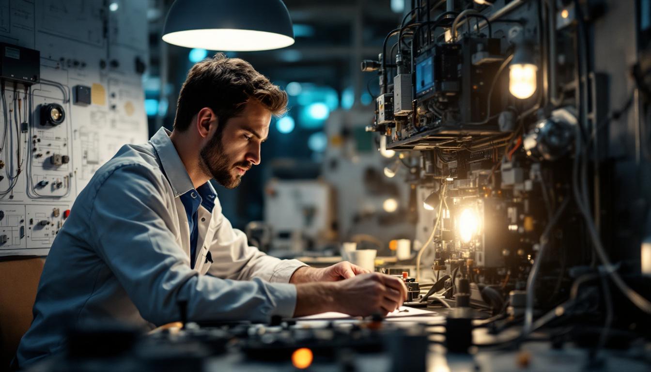 A photograph of a skilled electrical engineer working intently on a motion sensing light control system