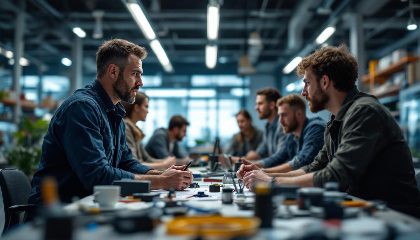 A photograph of a focused electrical engineer in a modern workspace