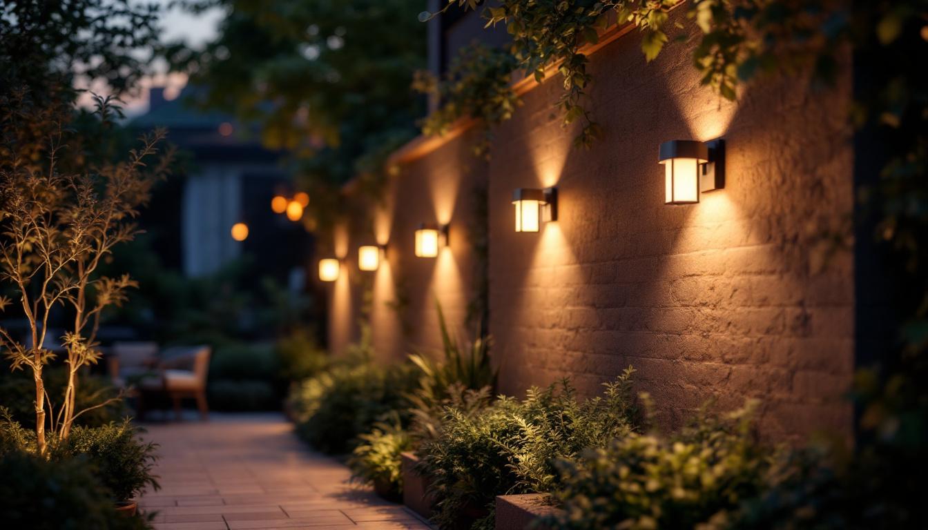 A photograph of a beautifully illuminated outdoor space featuring stylish solar wall lights