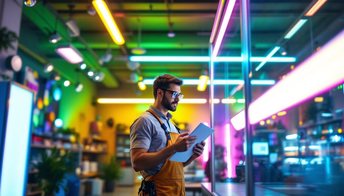 A photograph of a well-lit retail space showcasing various led light installations