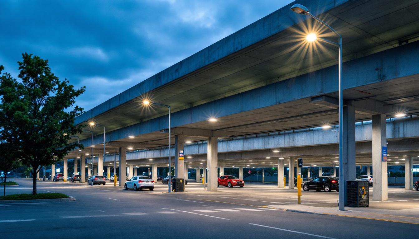 A photograph of a well-lit parking structure at dusk