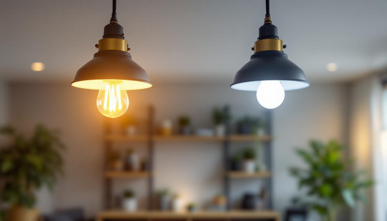 A photograph of capture a photograph of a side-by-side comparison of a canned light fixture with led bulbs and one with traditional incandescent or fluorescent bulbs