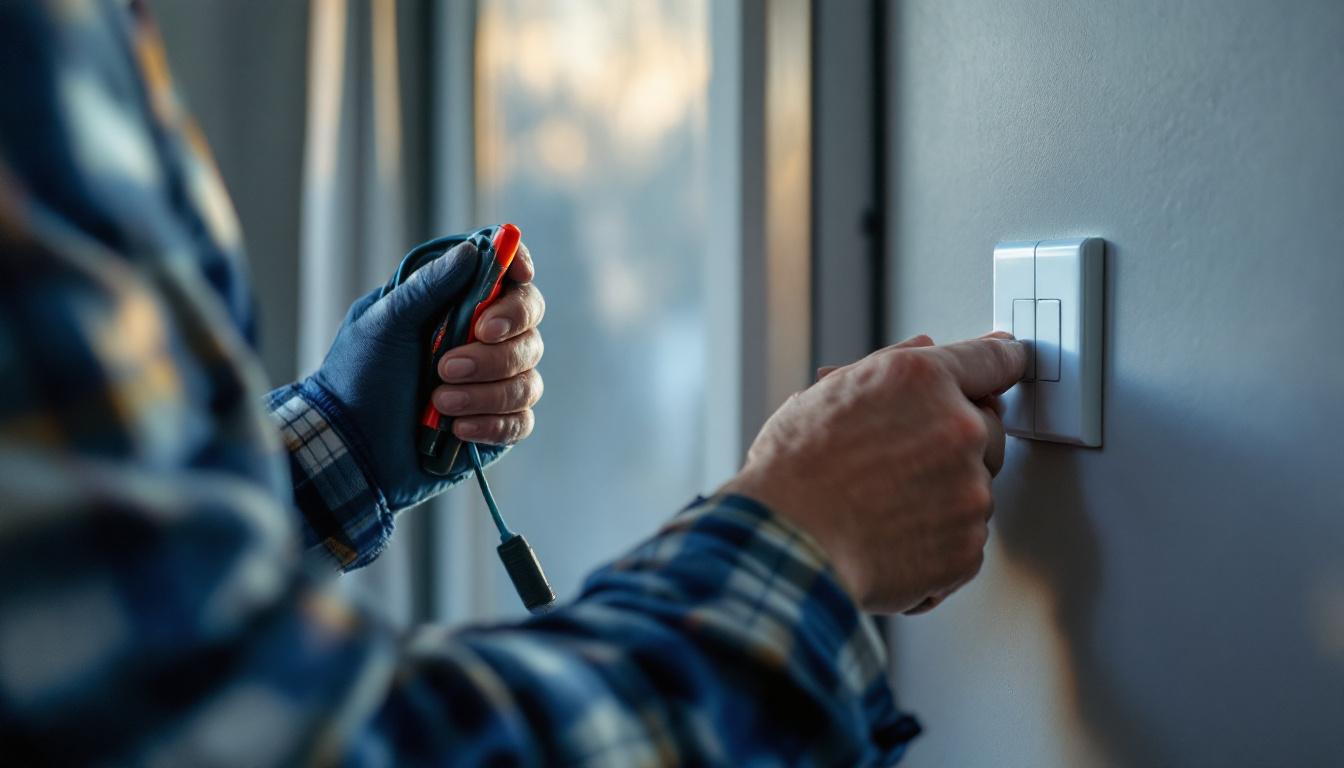 A photograph of a skilled electrical engineer focused on installing a leviton decora switch in a residential setting
