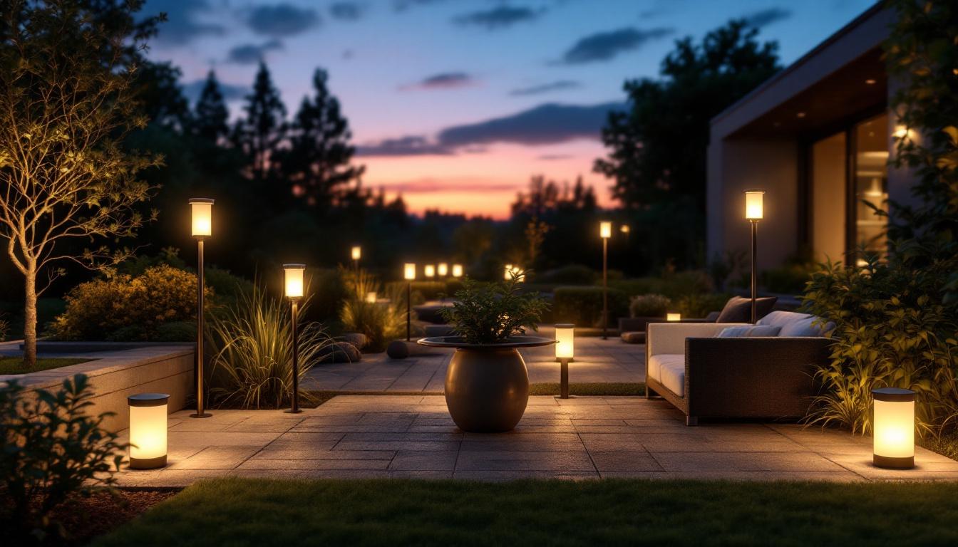 A photograph of a beautifully illuminated outdoor space featuring various solar-powered lighting fixtures