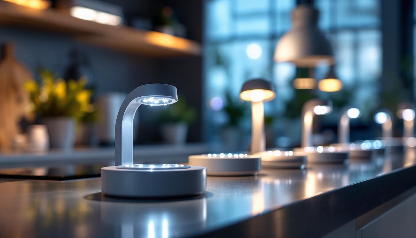 A photograph of a close-up view of various counter led lights in a modern kitchen or workspace