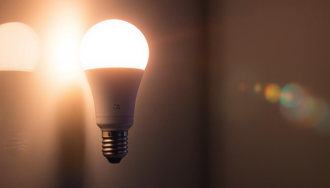 A photograph of a 17w led bulb illuminated in a dimly lit environment