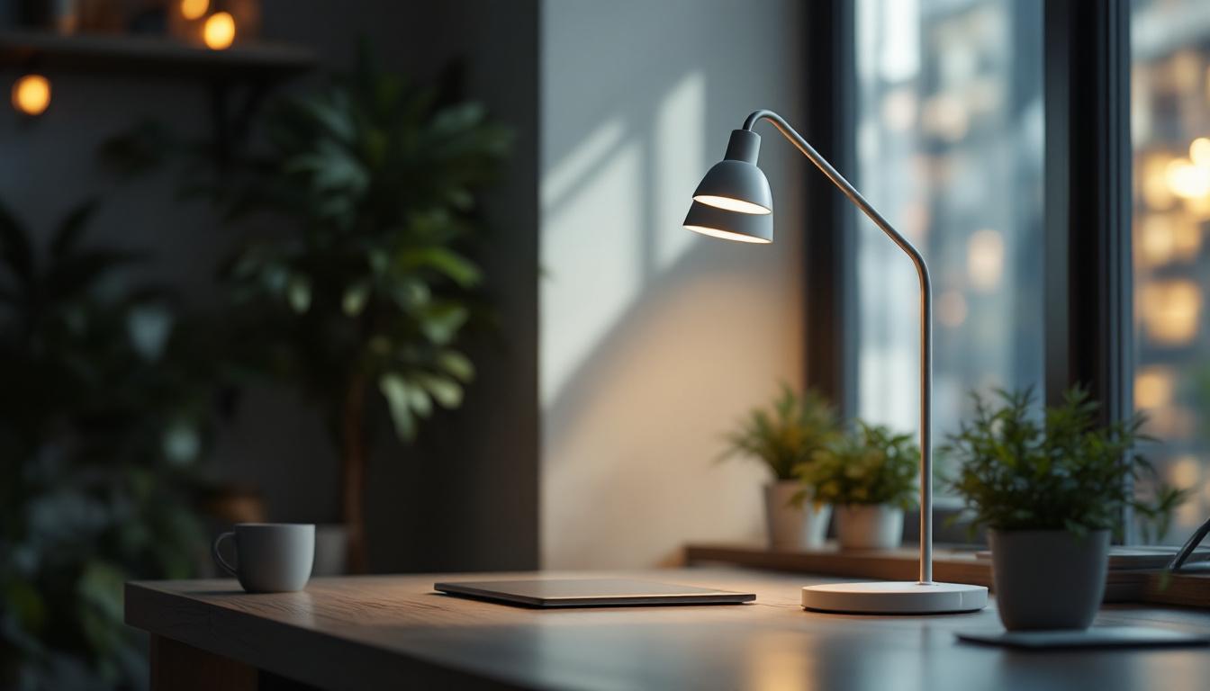 A photograph of a sleek and modern wrap-around lamp installed in a well-lit workspace