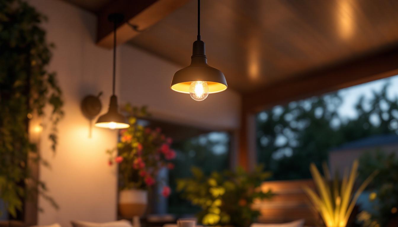 A photograph of a stylish outdoor ceiling light with an integrated outlet