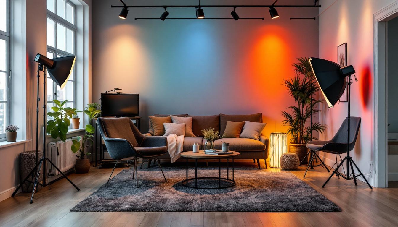 A photograph of a well-lit interior space showcasing various lighting setups