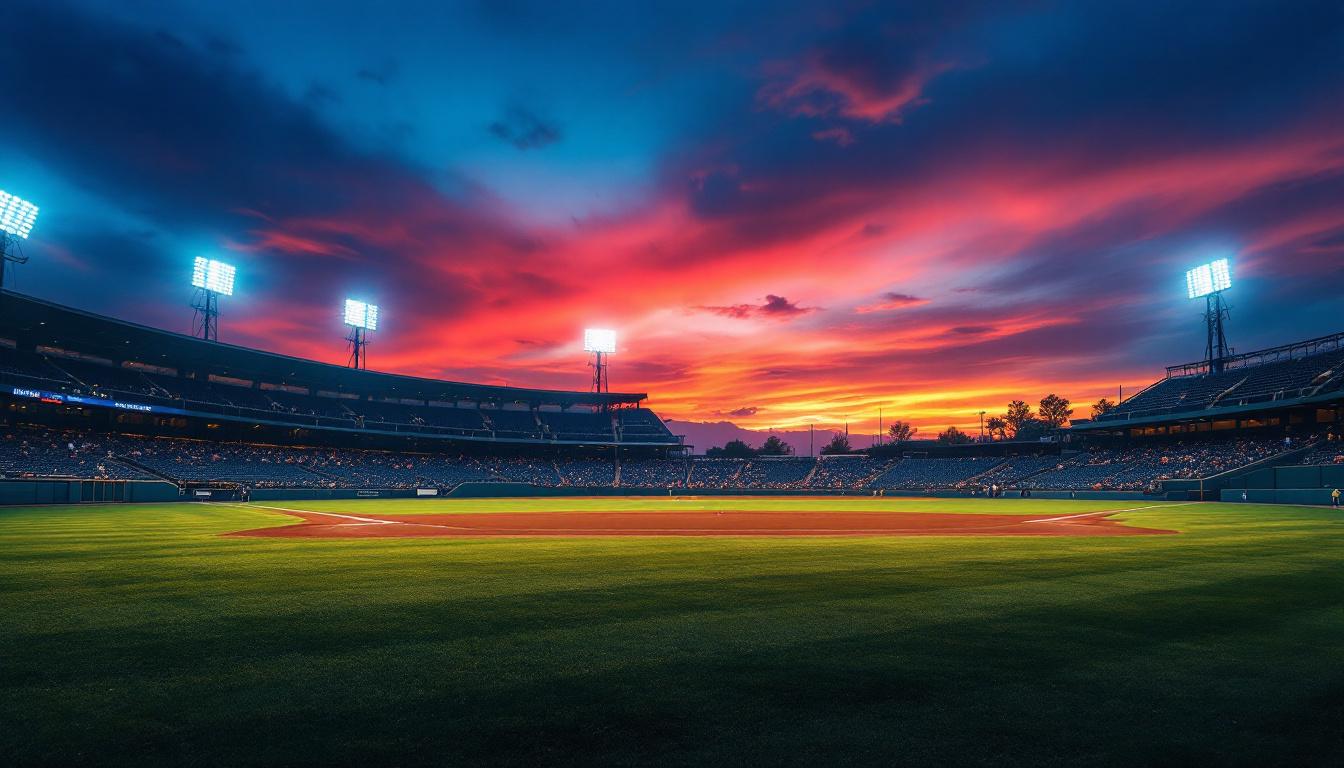 A photograph of a baseball park at dusk