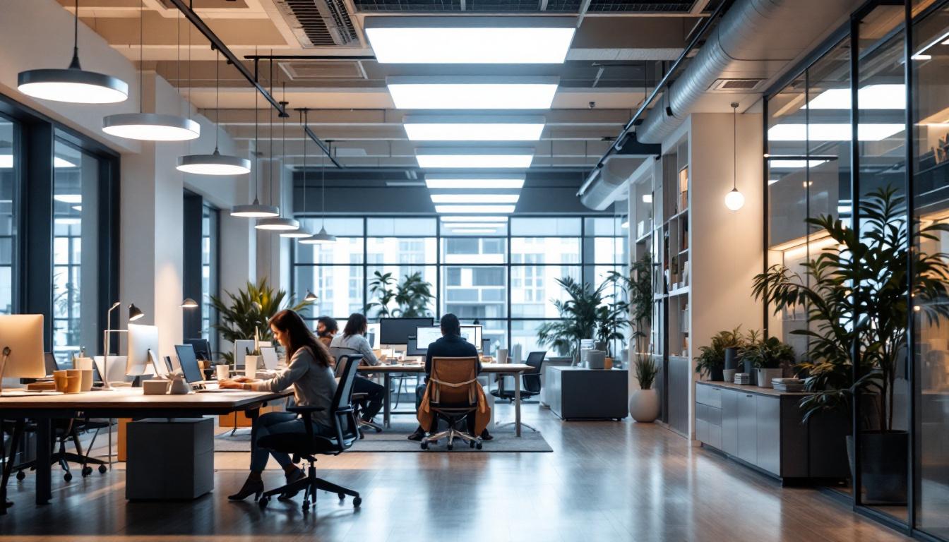 A photograph of a modern office space illuminated by sleek led troffer light fixtures