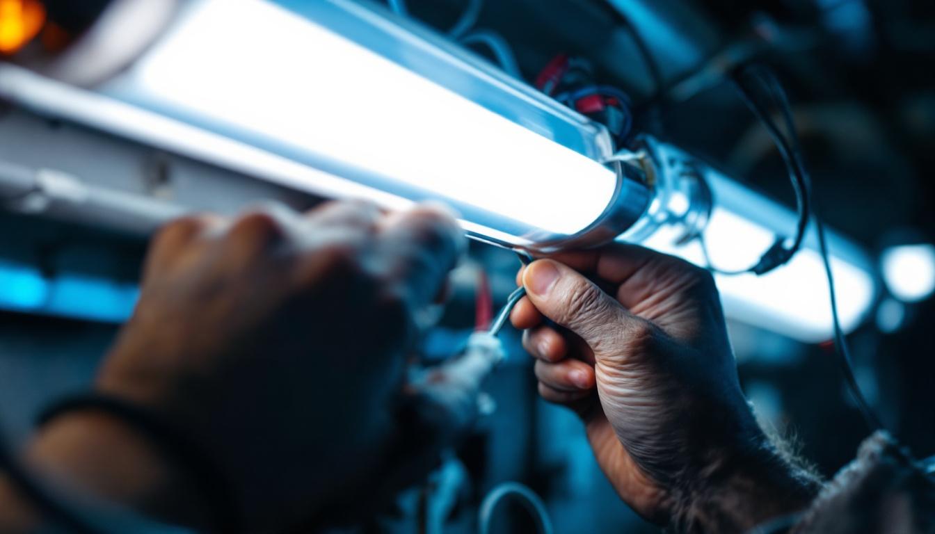 A photograph of a close-up of an electrician skillfully wiring a fluorescent tube
