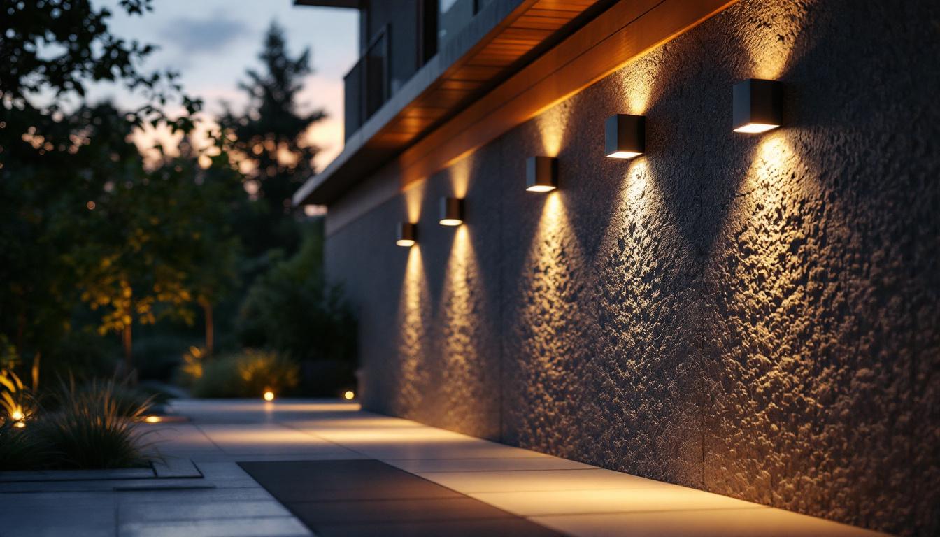 A photograph of a beautifully illuminated outdoor space featuring solar wall-mounted lights in action during dusk