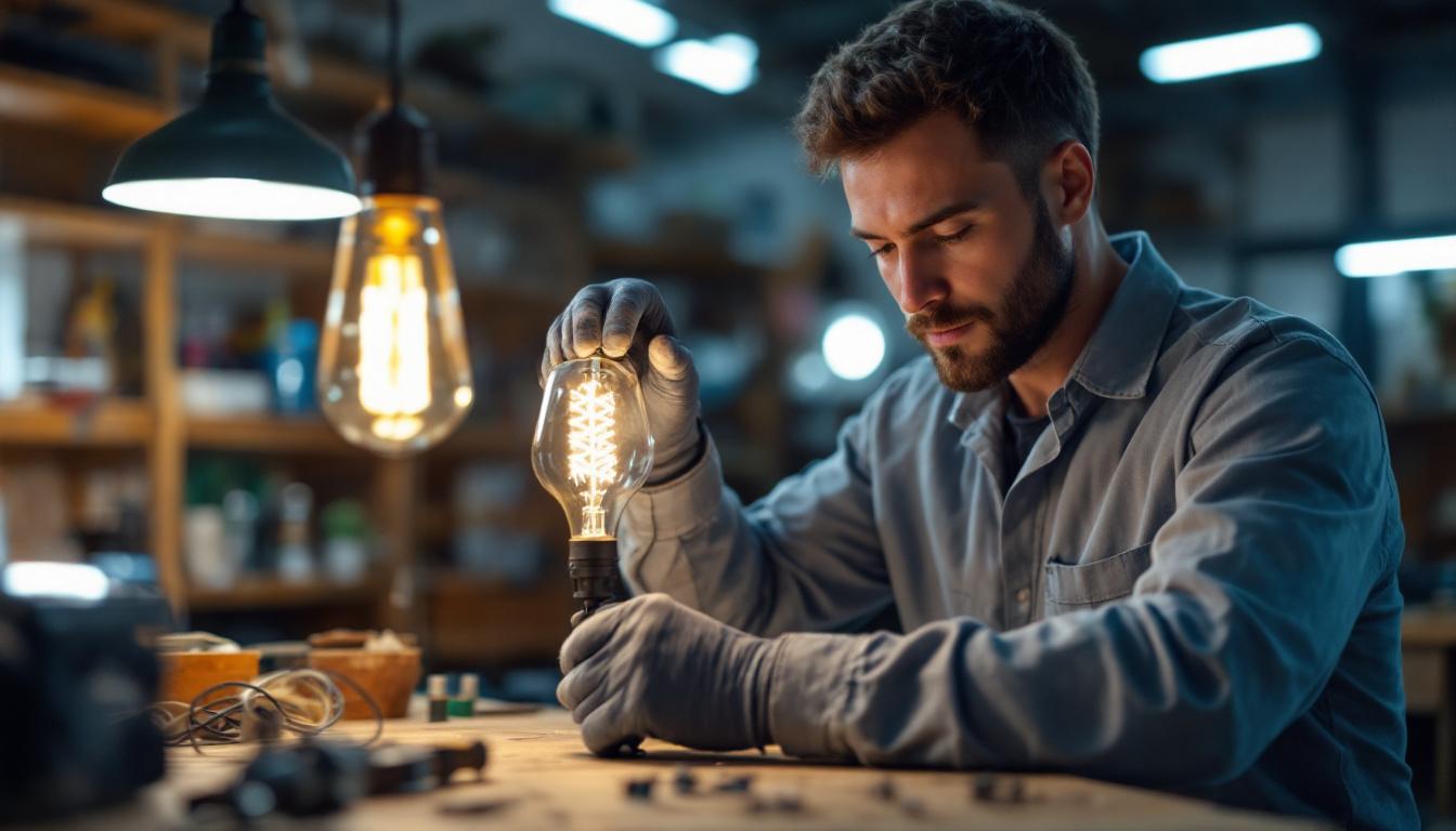 A photograph of a skilled electrical engineer working on a usa-made lamp in a well-lit workshop