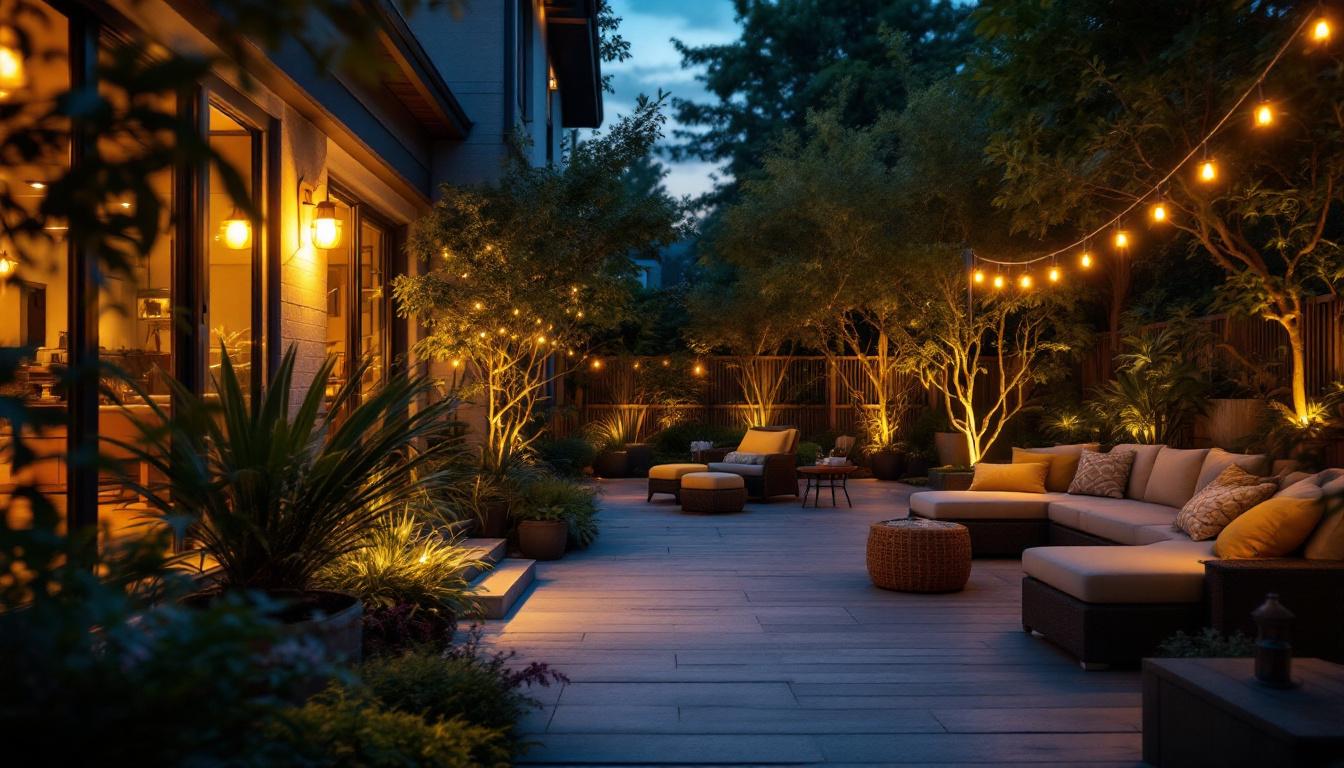 A photograph of a beautifully illuminated outdoor space at dusk