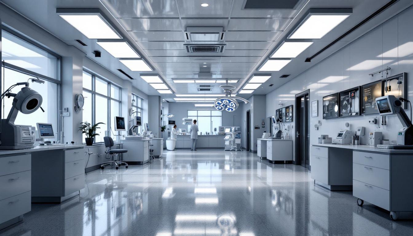 A photograph of a well-designed medical facility featuring large-scale lighting installations