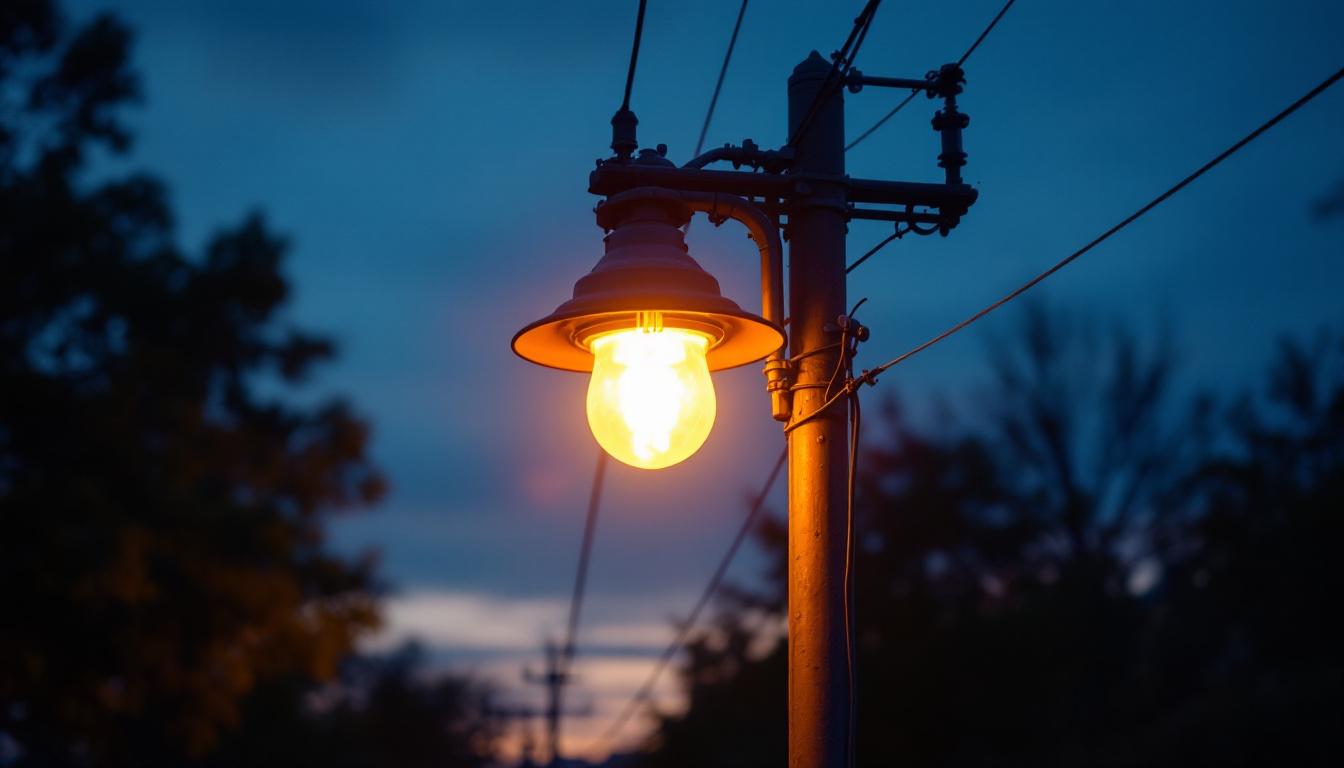 A photograph of a well-maintained electric light pole illuminated at dusk