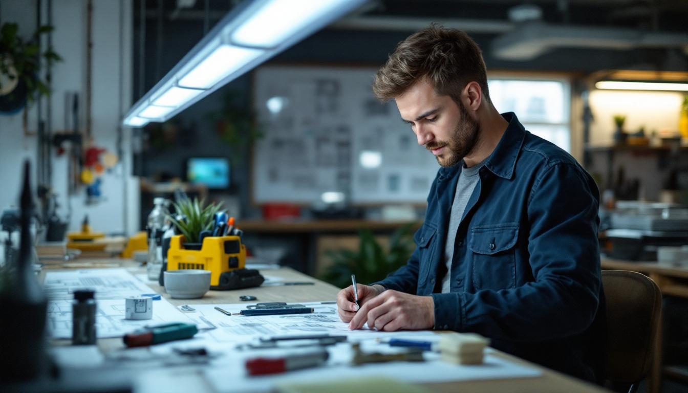 A photograph of a well-lit workspace featuring an electrical engineer examining t5 fluorescent tubes