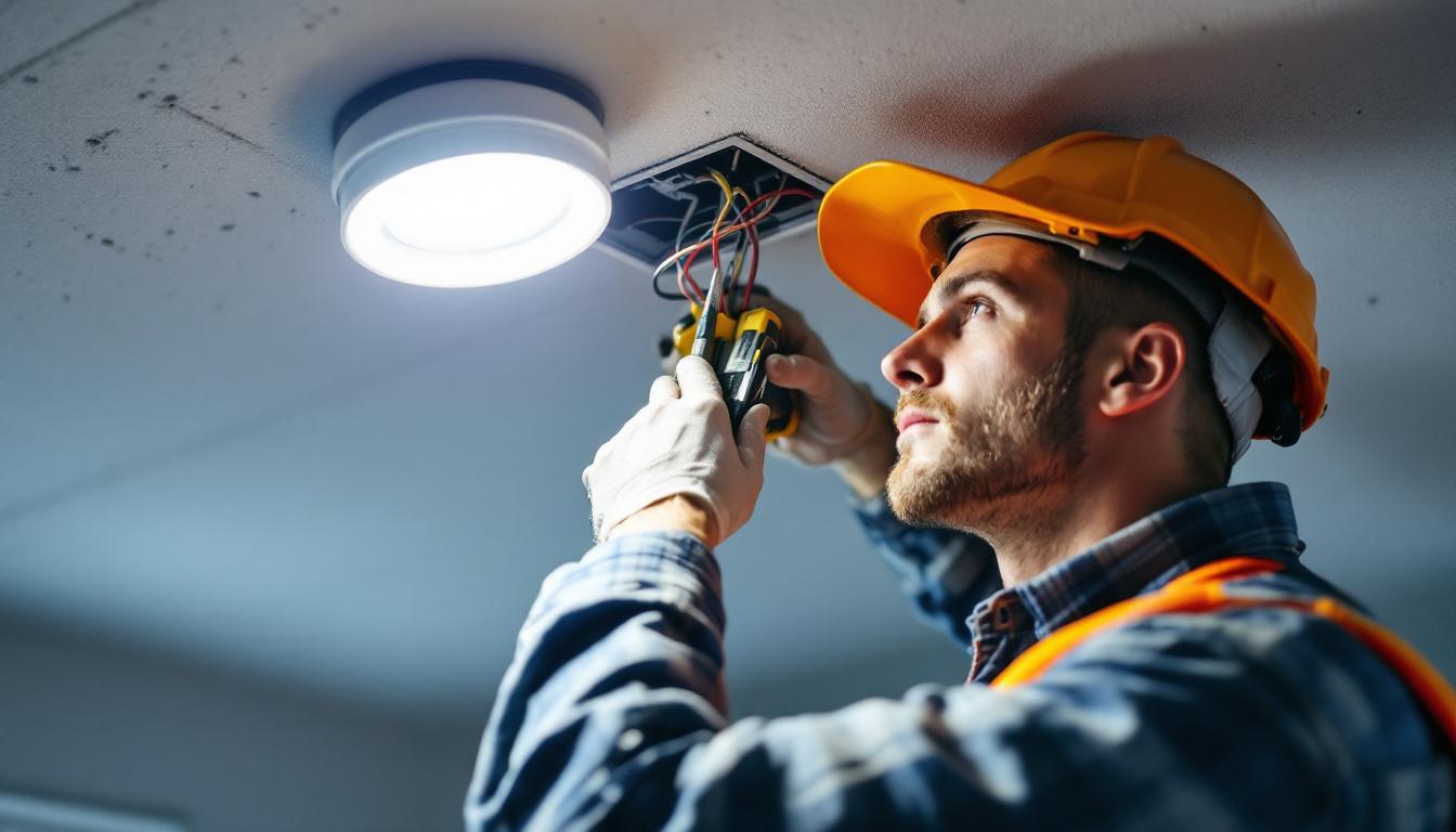 A photograph of a professional electrician or engineer carefully replacing a recessed light fixture with an led equivalent