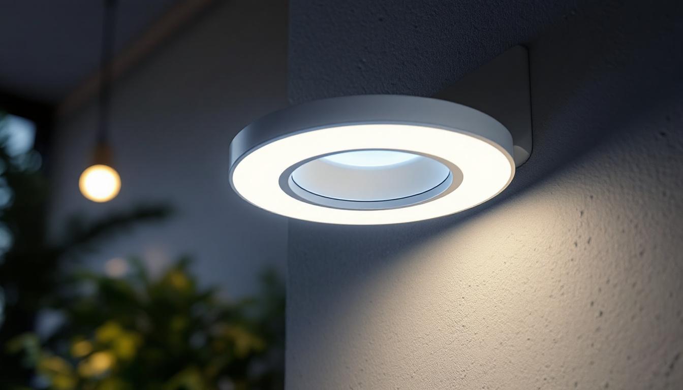 A photograph of a close-up shot of a 4-inch round led light installed in a modern setting