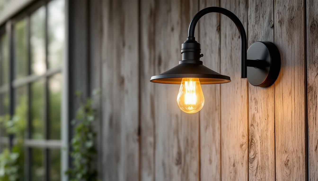 A photograph of a stylish gooseneck barn light fixture illuminating an outdoor space