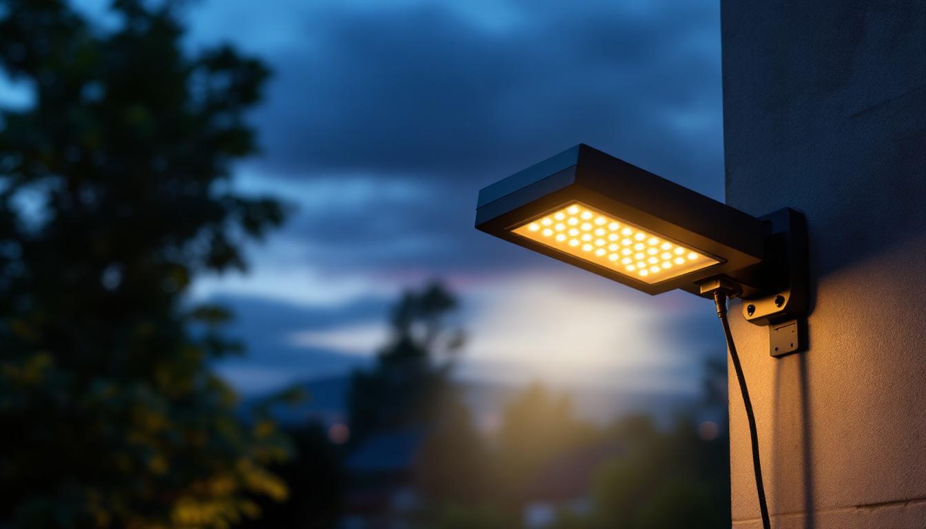 A photograph of a robust and modern heavy-duty solar light installed in an outdoor setting
