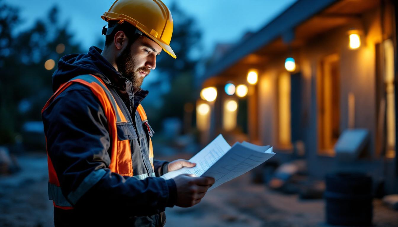 A photograph of a skilled electrical engineer reviewing outdoor lighting plans at a construction site