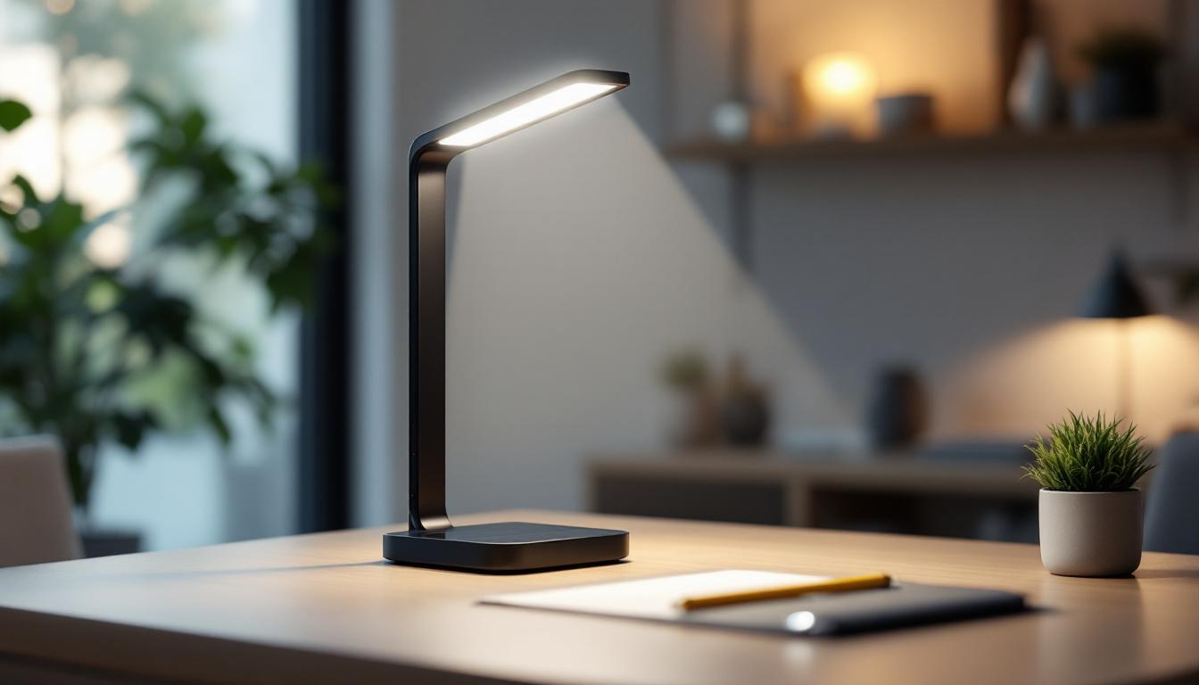 A photograph of a sleek solar desk lamp in a modern workspace
