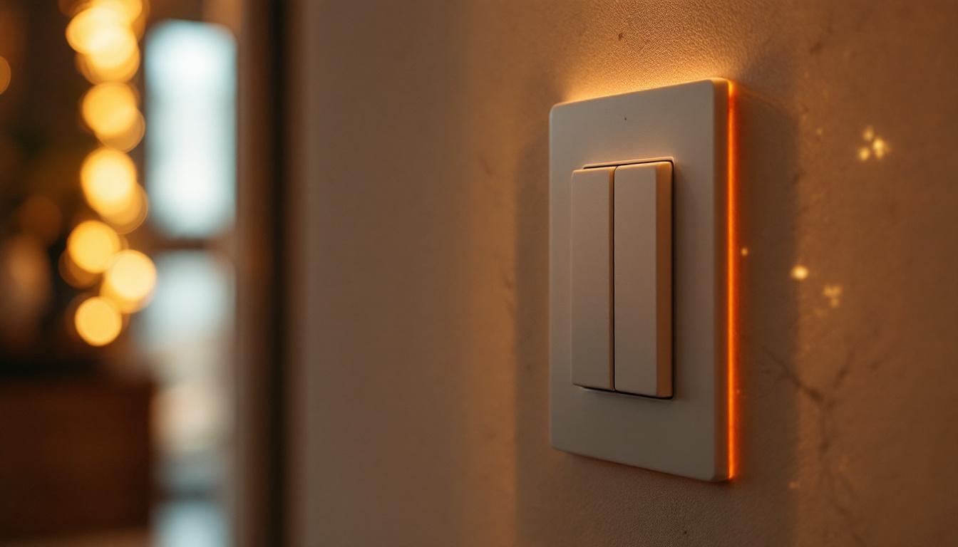 A photograph of a close-up of a modern electric light switch in an aesthetically pleasing interior setting