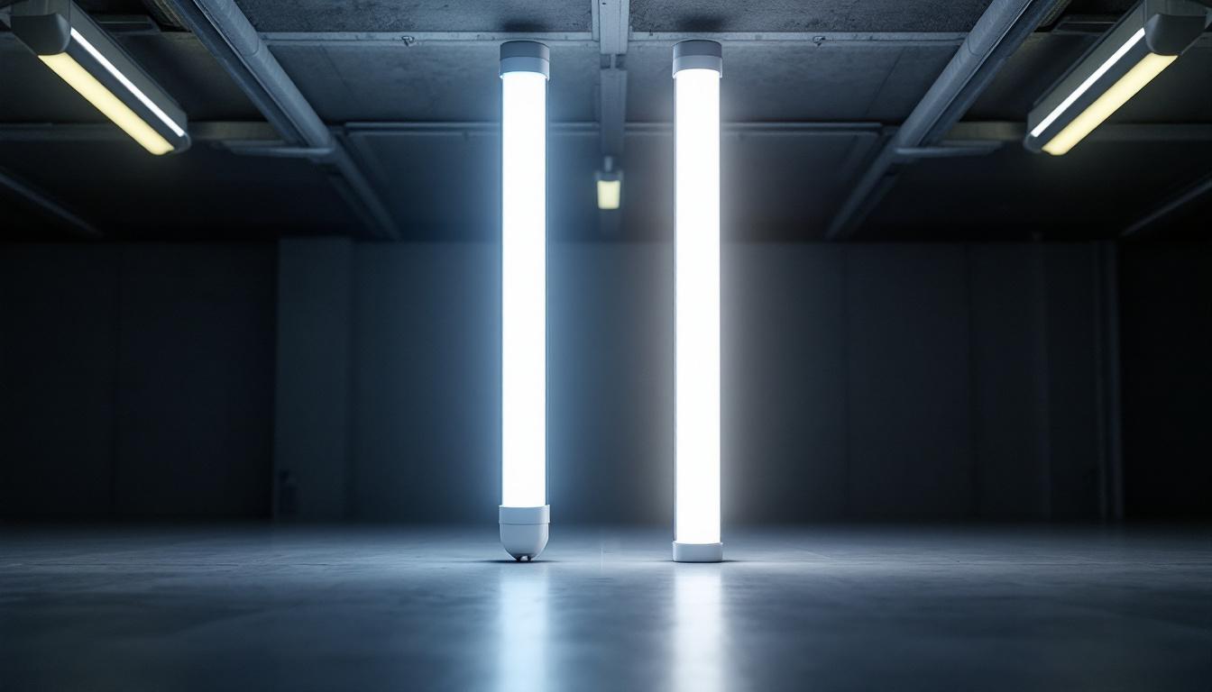 A photograph of a side-by-side comparison of t12 and t8 fluorescent light tubes
