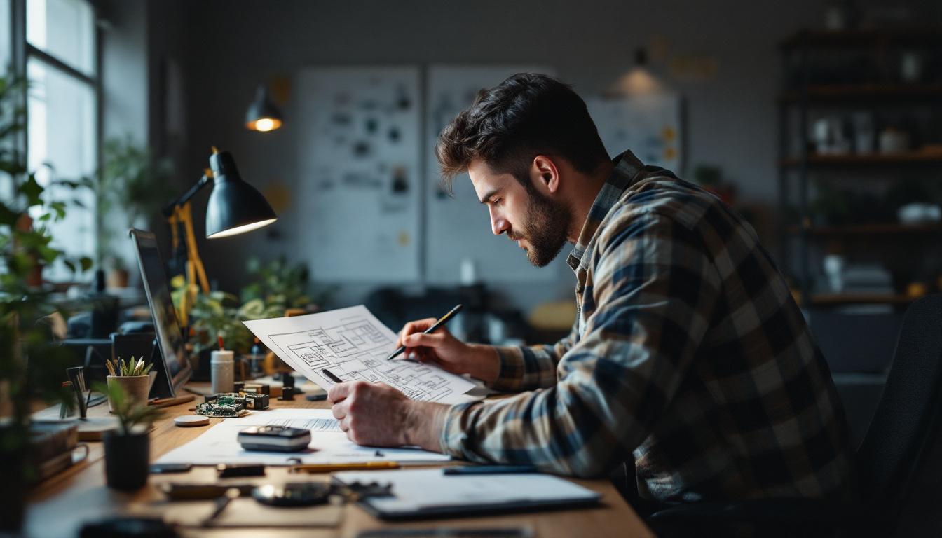 A photograph of a focused electrical engineer working on complex circuit diagrams and calculations in a well-lit office or lab setting