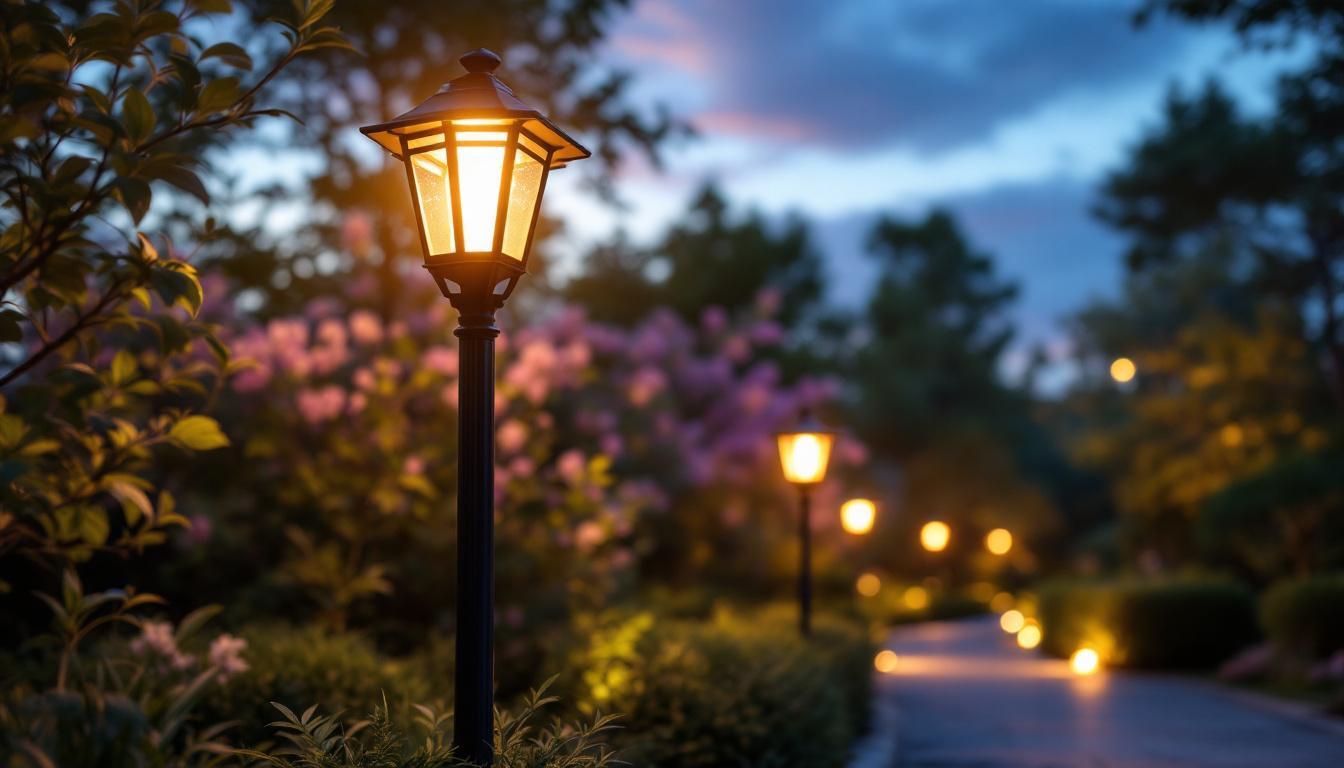 A photograph of capture a photograph of a beautifully designed exterior solar lamp post in a well-lit garden or pathway setting during twilight