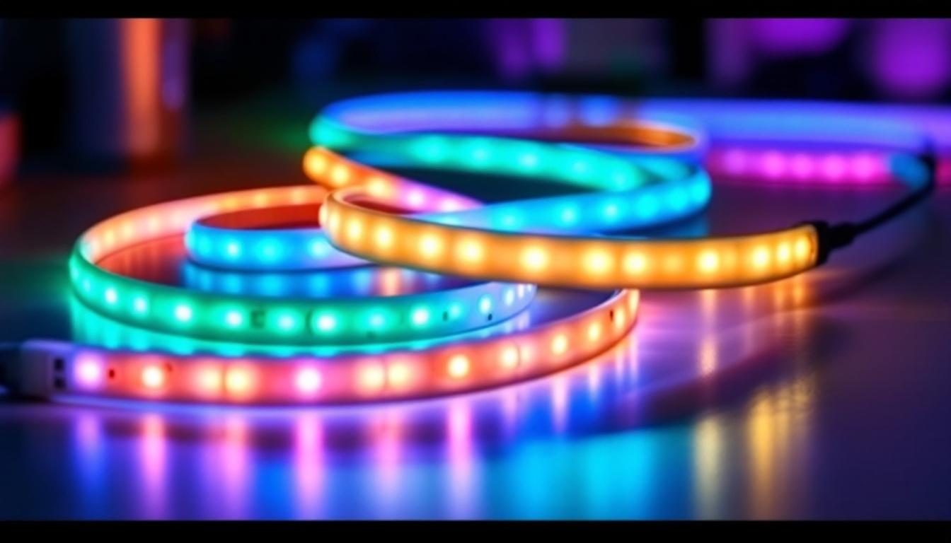 A photograph of capture a photograph of a beautifully arranged led light strip kit illuminating a modern living space