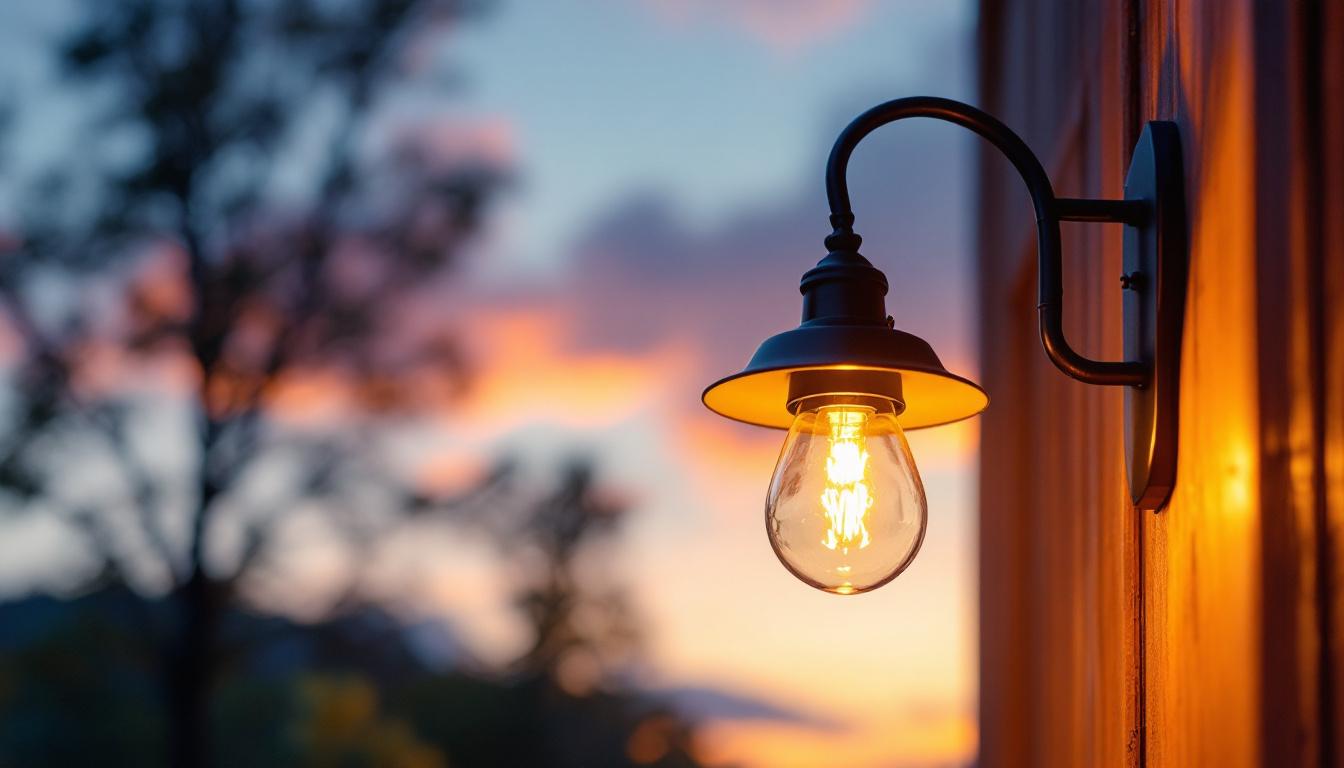 A photograph of a beautifully illuminated outside barn light at dusk