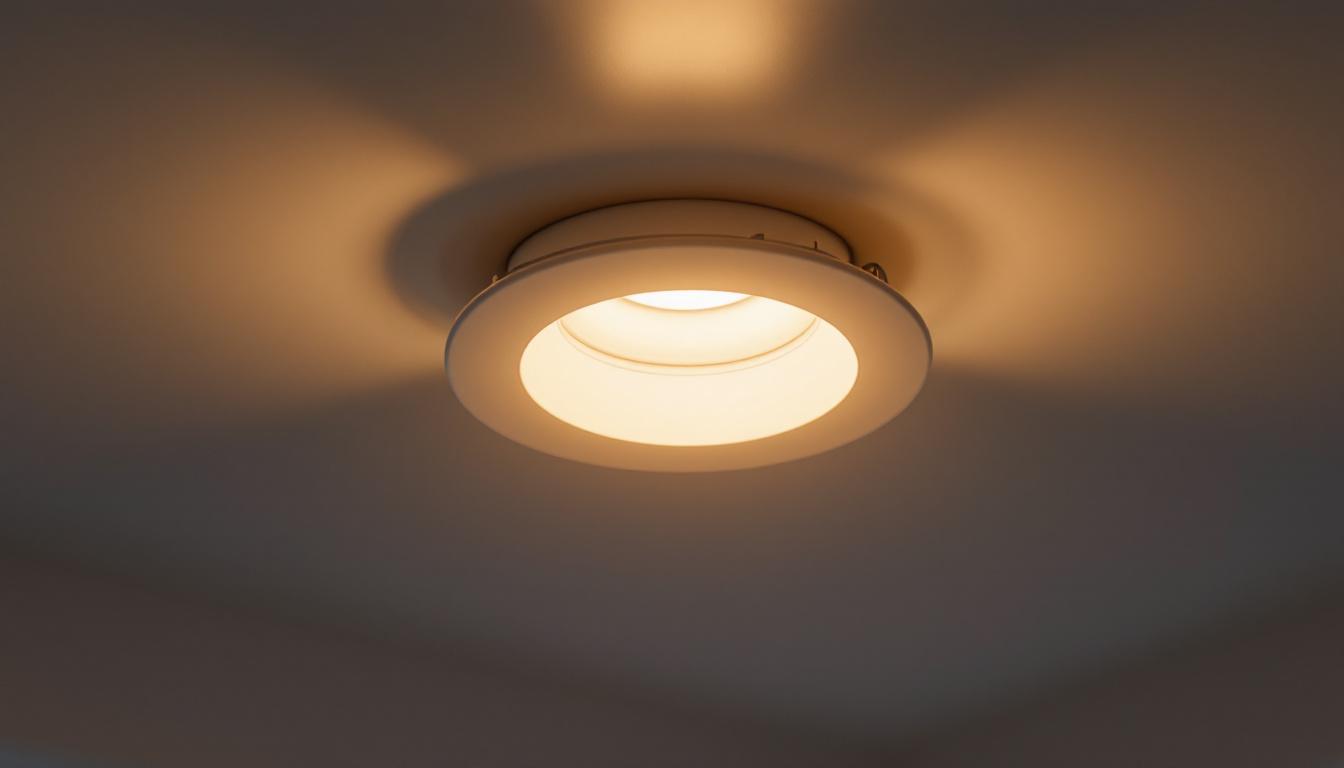 A photograph of a 6-inch recessed light housing installed in a ceiling