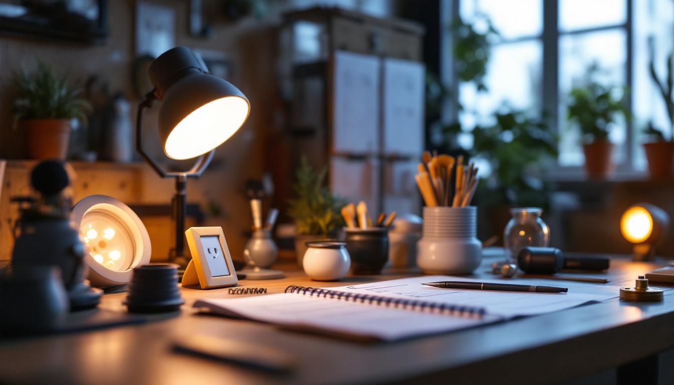 A photograph of a well-organized lighting engineering workspace featuring various light receptacles