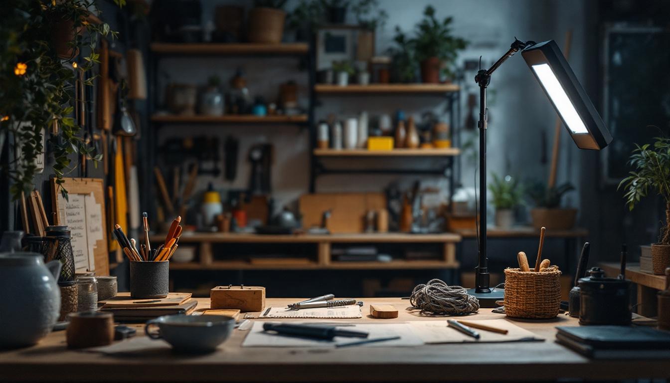 A photograph of a well-lit workspace featuring the 4 light shop light in action