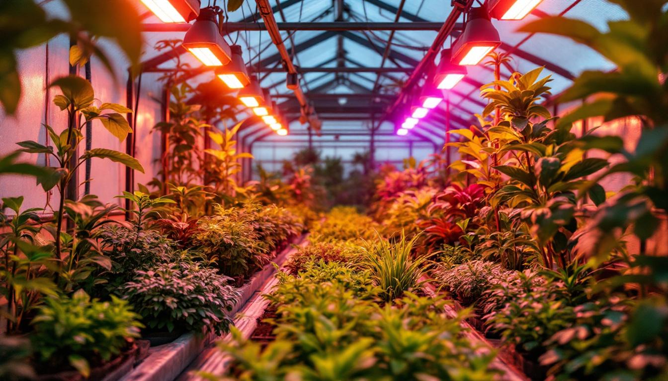 A photograph of a vibrant greenhouse filled with various plants under the warm glow of strategically placed grow lights