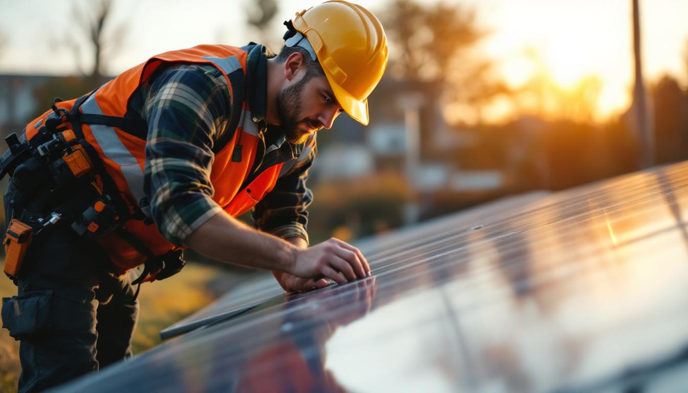 A photograph of capture a photograph of a solar panel installation with an electrical engineer examining the setup